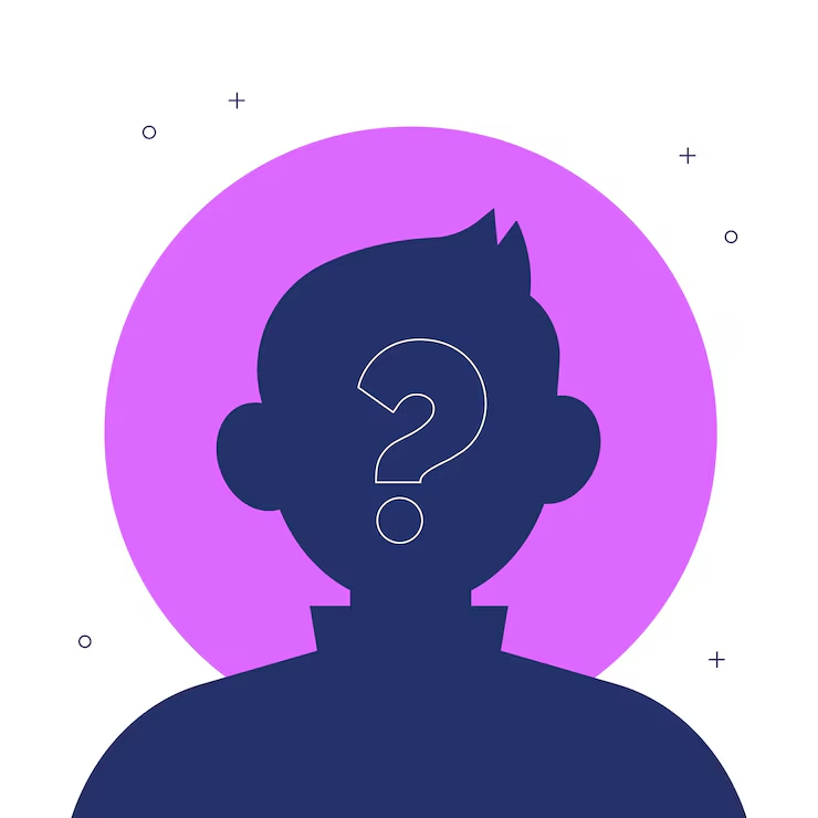 Outline of a persons portrait with a question mark in the face. 